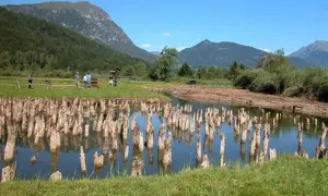 Antiche palafitte bardolino emergono da uno specchio d'acqua, con montagne verdi sullo sfondo.