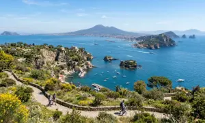 Sentiero fiorito in un giardino di agrumi con vista sul golfo e il Vesuvio.
