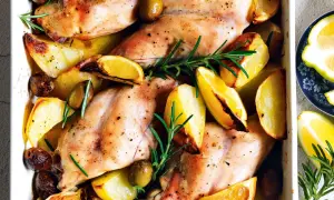 Coniglio al forno dorato con patate, olive, limone e rosmarino, un piatto succulento e profumato.