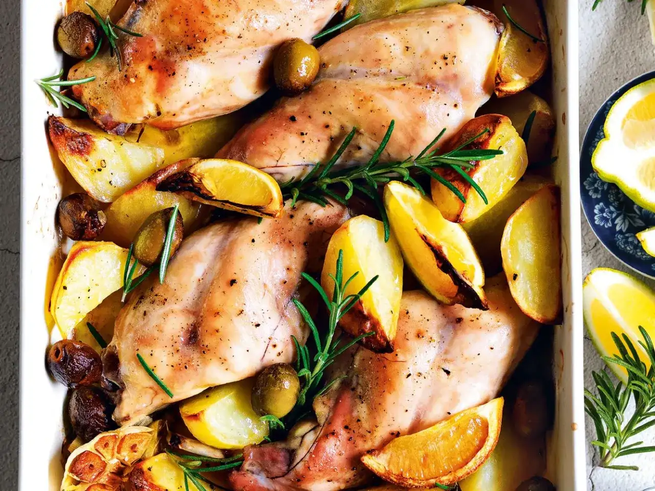 Coniglio al forno dorato con patate, olive, limone e rosmarino, un piatto succulento e profumato.