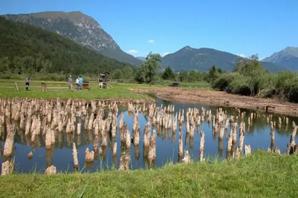 Antiche palafitte bardolino emergono da uno specchio d'acqua, con montagne verdi sullo sfondo.